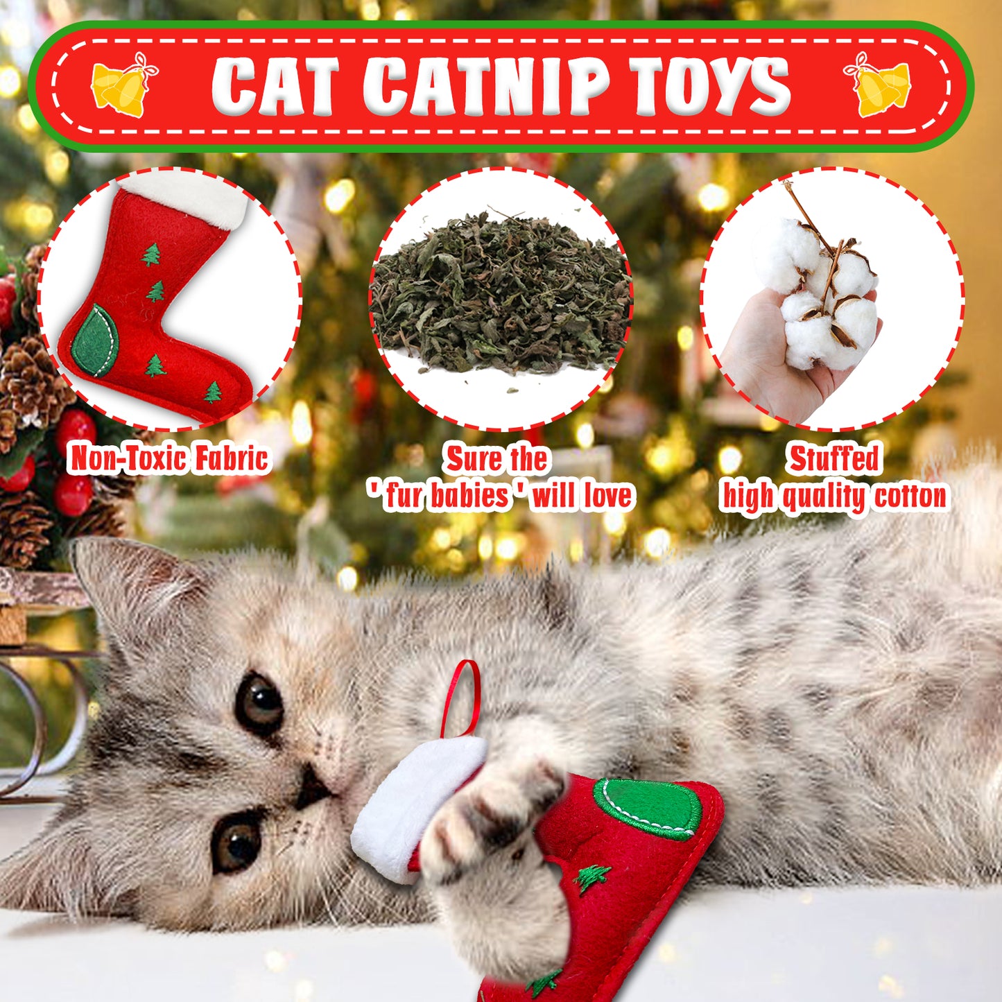 Cat Christmas Stocking, 10 Pack Christmas Cat Toys, Interactive Cat Feather Toy with Catnip, Ball