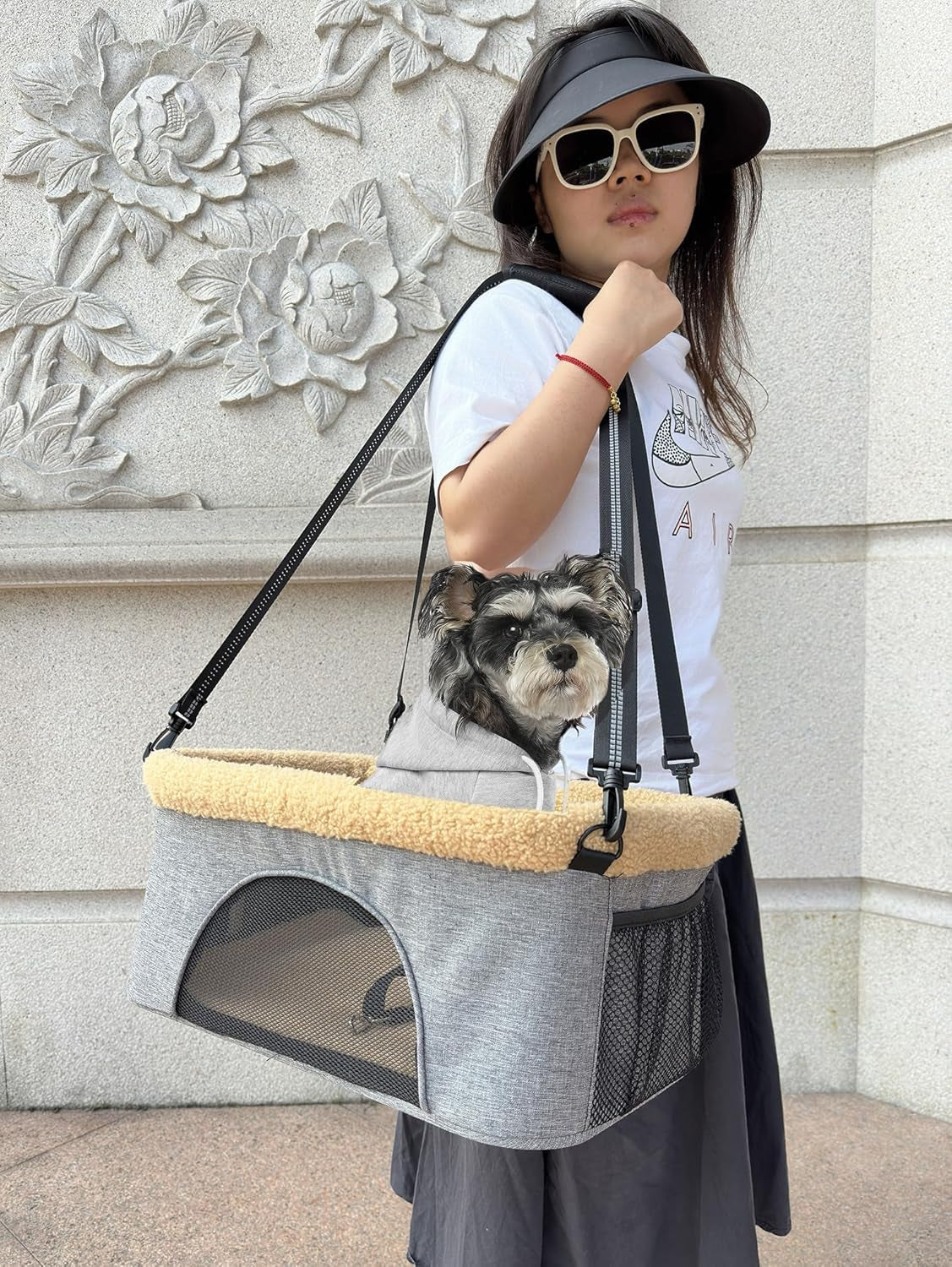 Dog Car Booster Seat&Carrier Sling 2 in 1Height-Adjustable Foldable Metal Frame Portable Pet Travel System Thickened Plush/Reflective Nylon Sling Puppy Cat Car Seat for under 20Lbs Pets(Khaki)