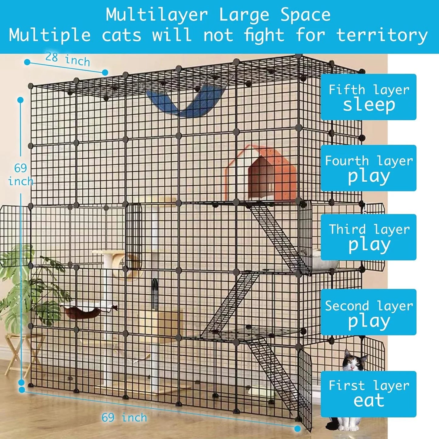 DIY Cat Cage Detachable Metal Wire Enclosure with Two Ladders, Kennels Playpen, Crate Large Exercise Place for 1-4 Cat