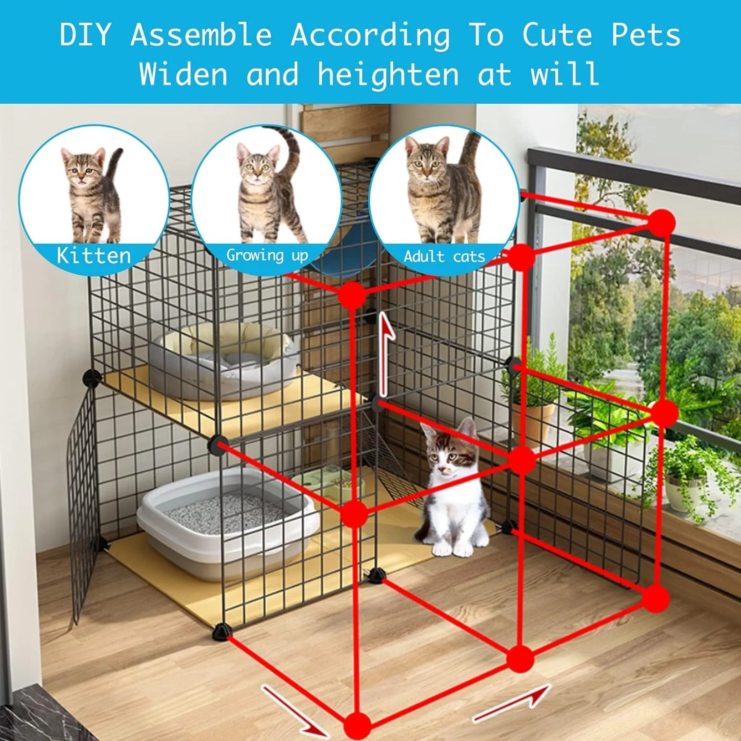 DIY Cat Cage Detachable Metal Wire Enclosure with Two Ladders, Kennels Playpen, Crate Large Exercise Place for 1-4 Cat