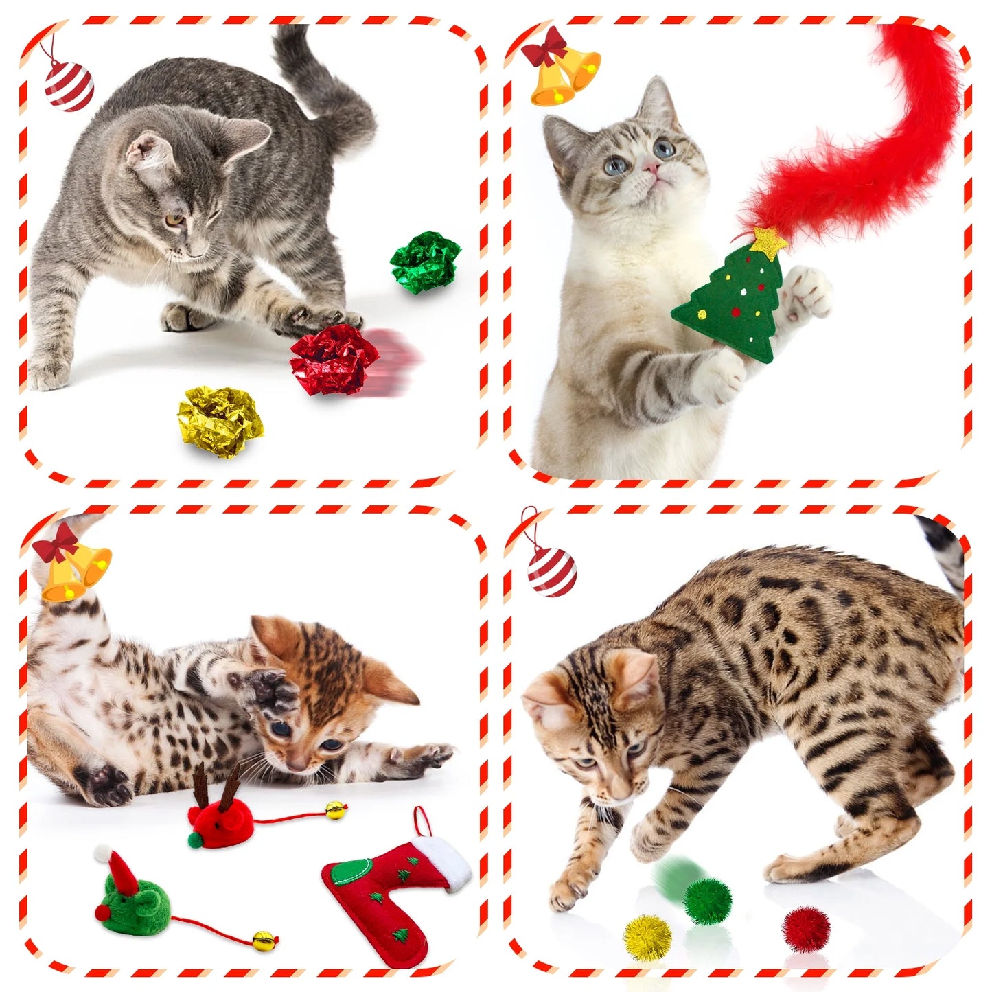Cat Christmas Stocking, 10 Pack Christmas Cat Toys, Interactive Cat Feather Toy with Catnip, Ball