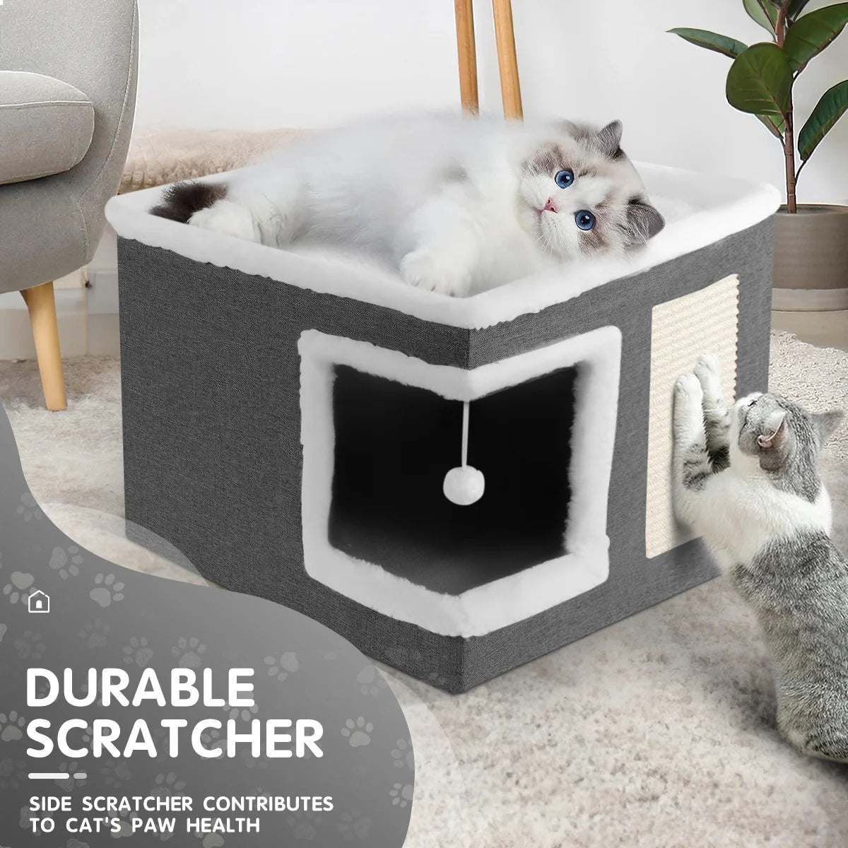 Indoor Pet Bed for Cats, Covered Foldable Kennel Bed with Scratching Board, Suitable for Many Small Pets, Dark Gray