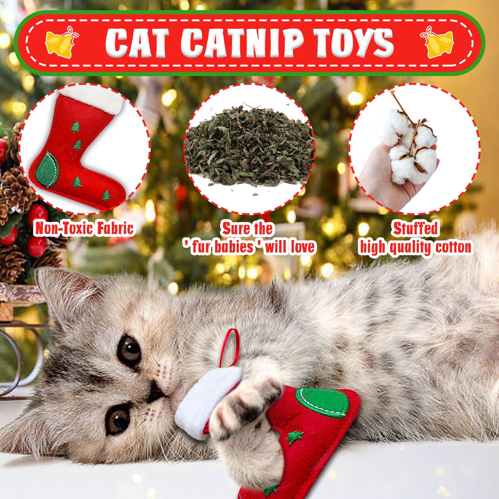 Cat Christmas Stocking, 10 Pack Christmas Cat Toys, Interactive Cat Feather Toy with Catnip, Ball