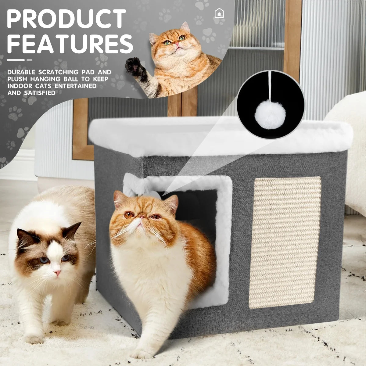 Indoor Pet Bed for Cats, Covered Foldable Kennel Bed with Scratching Board, Suitable for Many Small Pets, Dark Gray