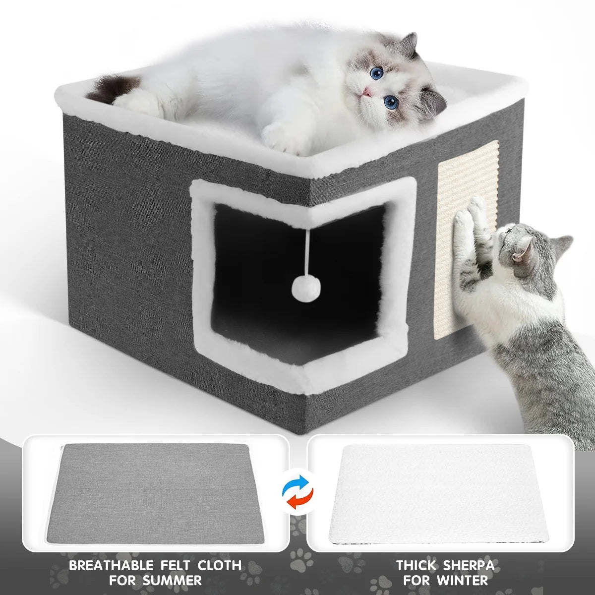 Indoor Pet Bed for Cats, Covered Foldable Kennel Bed with Scratching Board, Suitable for Many Small Pets, Dark Gray