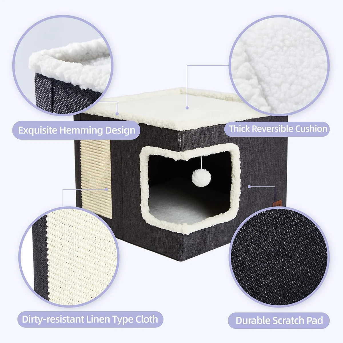 Indoor Pet Bed for Cats, Covered Foldable Kennel Bed with Scratching Board, Suitable for Many Small Pets, Dark Gray
