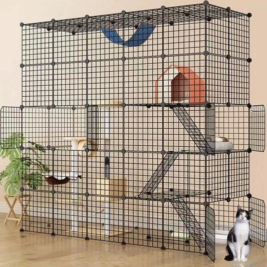 DIY Cat Cage Detachable Metal Wire Enclosure with Two Ladders, Kennels Playpen, Crate Large Exercise Place for 1-4 Cat