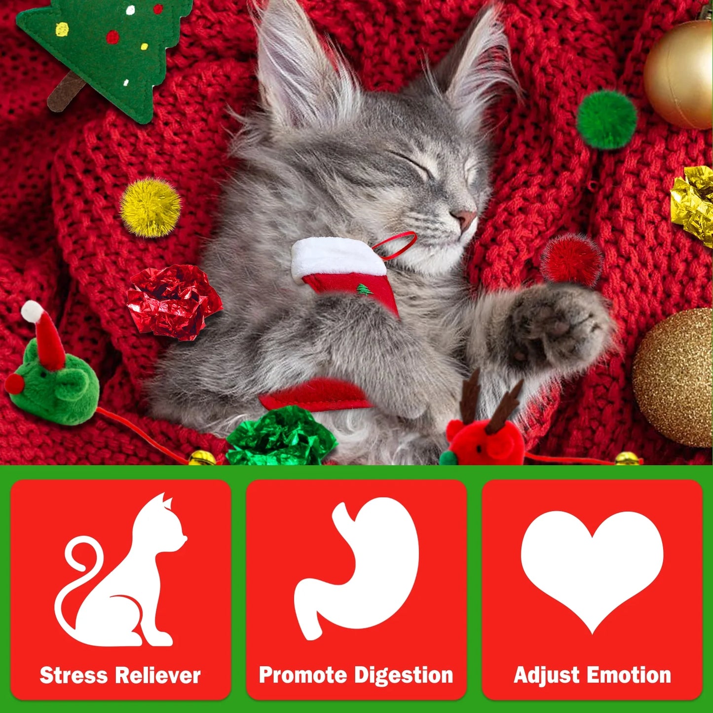 Cat Christmas Stocking, 10 Pack Christmas Cat Toys, Interactive Cat Feather Toy with Catnip, Ball