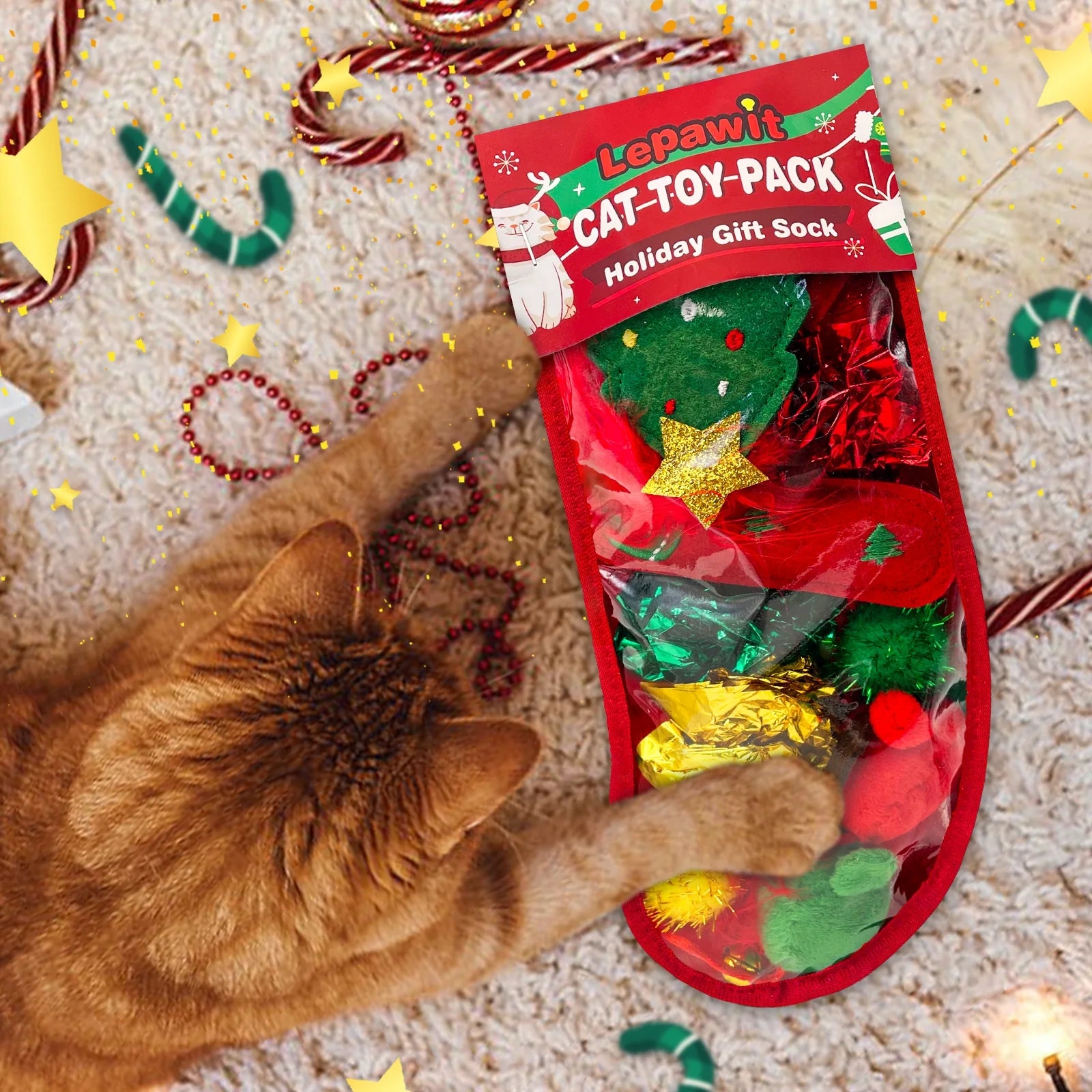 Cat Christmas Stocking, 10 Pack Christmas Cat Toys, Interactive Cat Feather Toy with Catnip, Ball