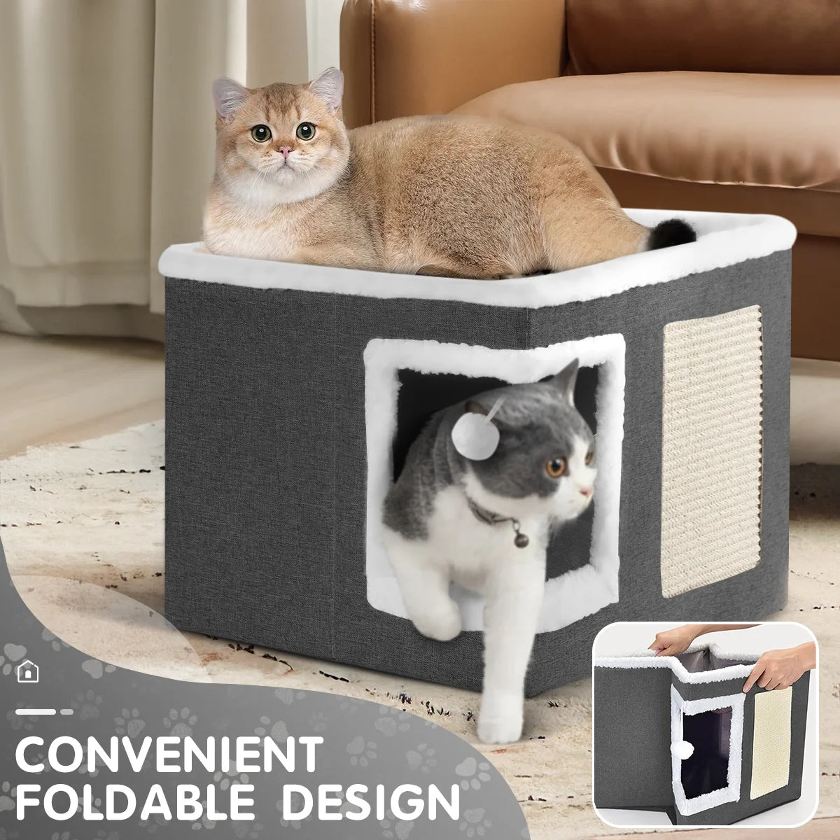 Indoor Pet Bed for Cats, Covered Foldable Kennel Bed with Scratching Board, Suitable for Many Small Pets, Dark Gray